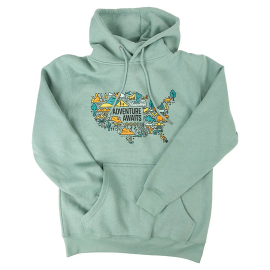 Adventure Awaits National Park Fleece Hoodie with arms folded into kangroo pocket