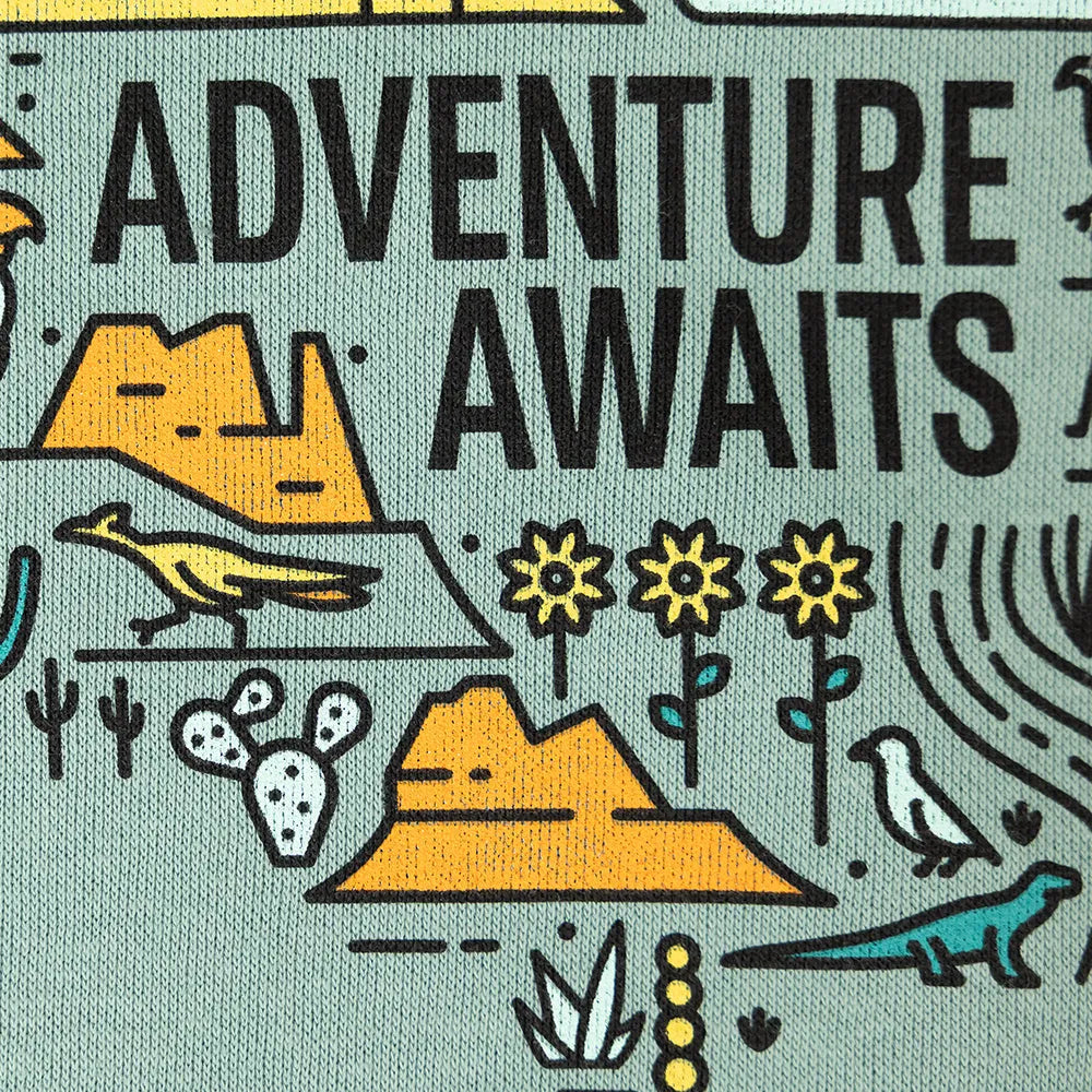 Adventure Awaits National Park Fleece Hoodie logo extreme closeup