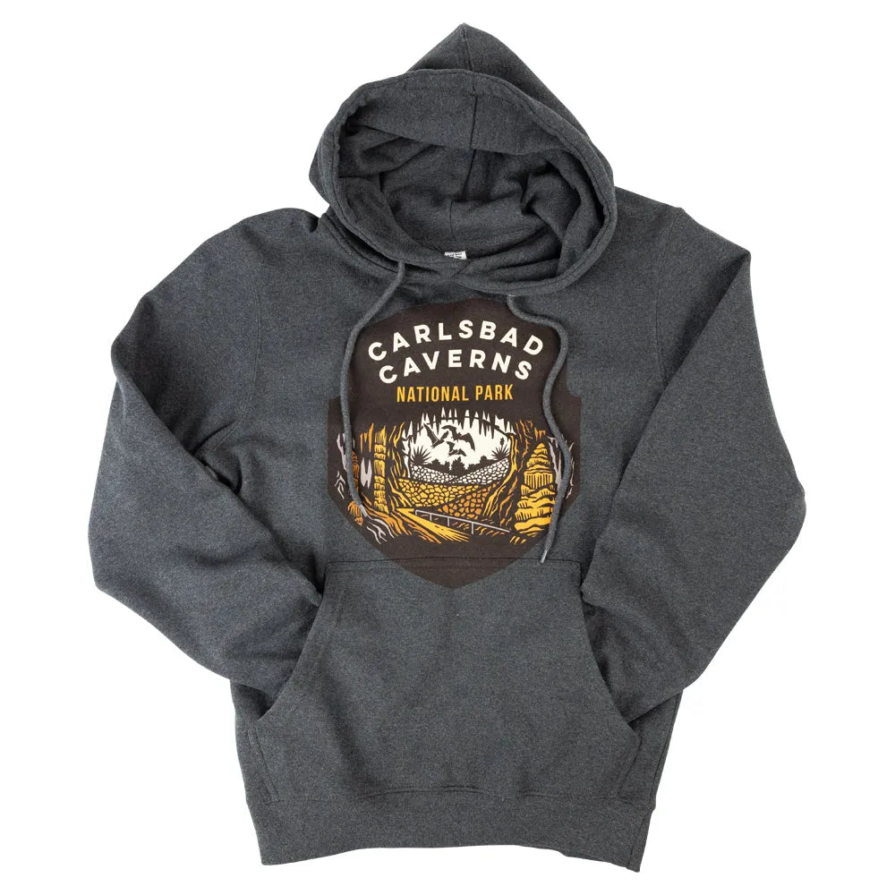 Carlsbad Caverns National Park Fleece Hoodie - Badge arms tucked into kangaroo pocket