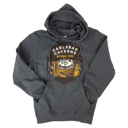 Carlsbad Caverns National Park Fleece Hoodie - Badge arms tucked into kangaroo pocket