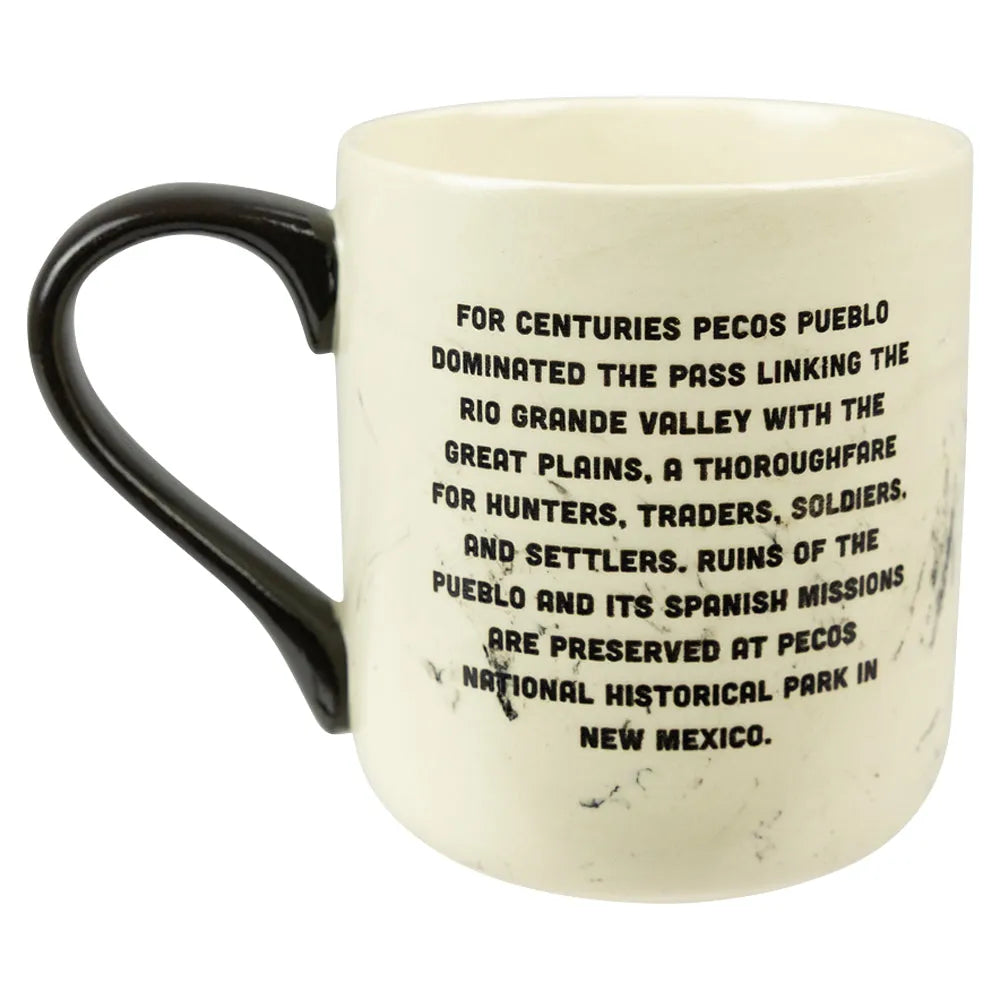 Mug with text about Pecos National Historical Park on a white background
