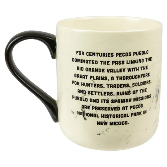 Mug with text about Pecos National Historical Park on a white background