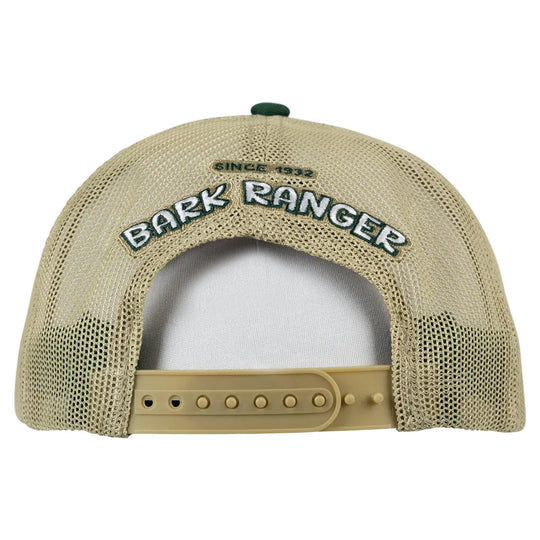Peanuts Bark Ranger Mesh-Back Cap with patch back view showing embroidery and plastic snap closure
