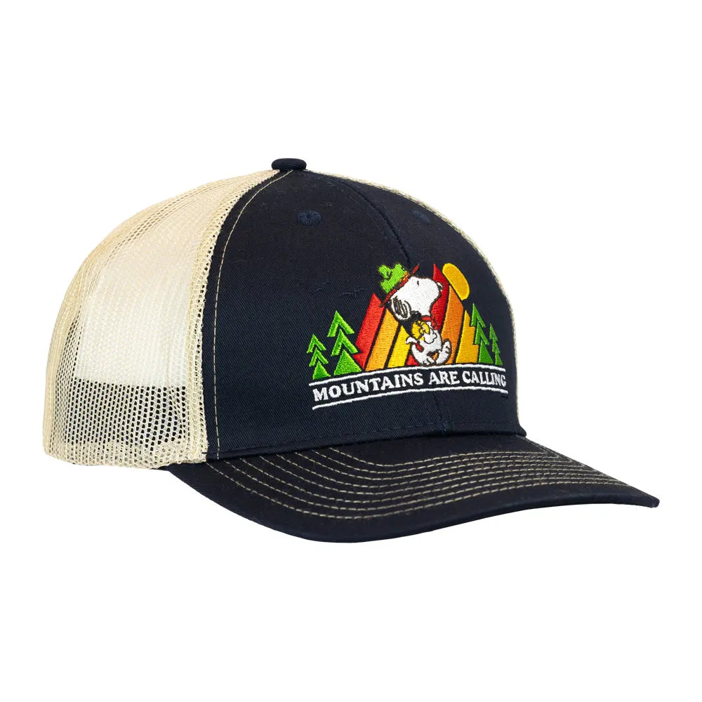 Black and beige cap with a colorful design and 'Mountains Are Calling' text on a white background