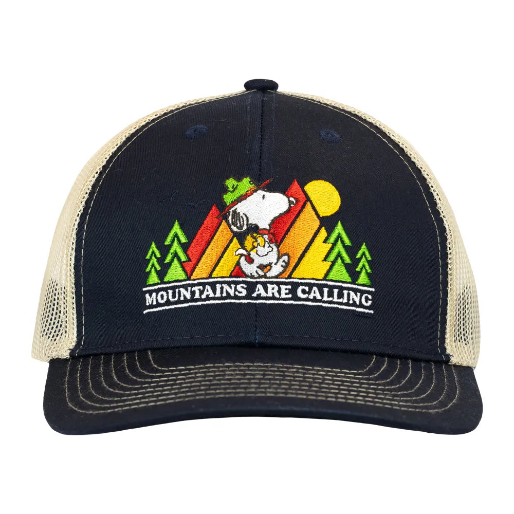 Black and beige cap with 'Mountains Are Calling' design on a white background