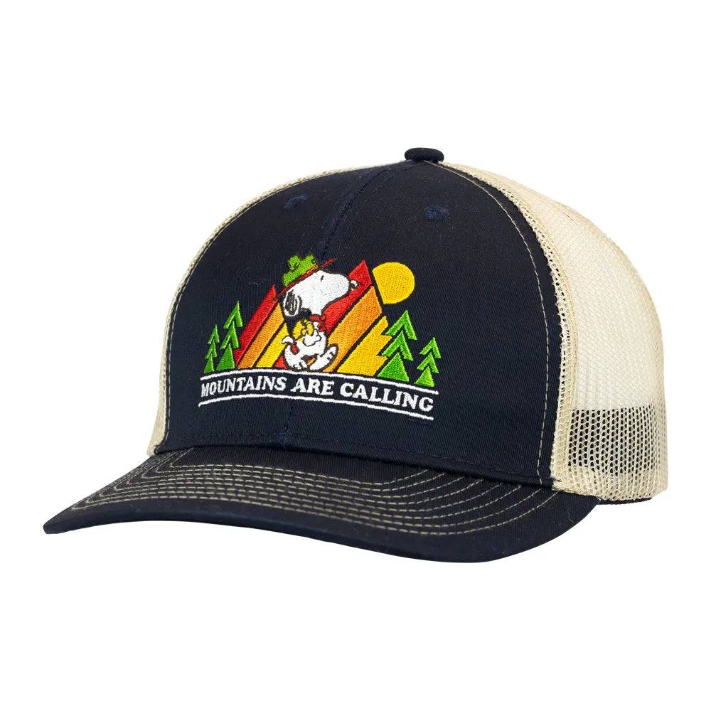 Black and beige cap with Snoopy design and 'Mountains Are Calling' text on a white background