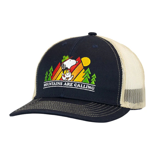 Black and beige cap with Snoopy design and 'Mountains Are Calling' text on a white background