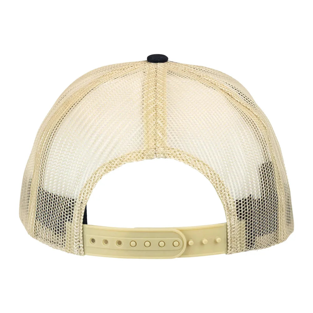 Beige mesh cap with black brim on a white background