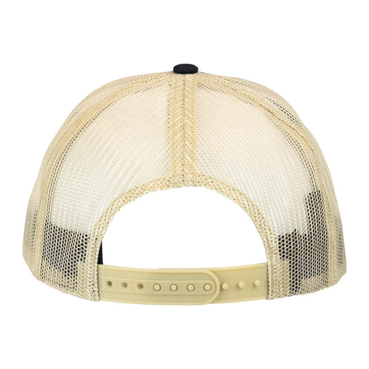 Beige mesh cap with black brim on a white background