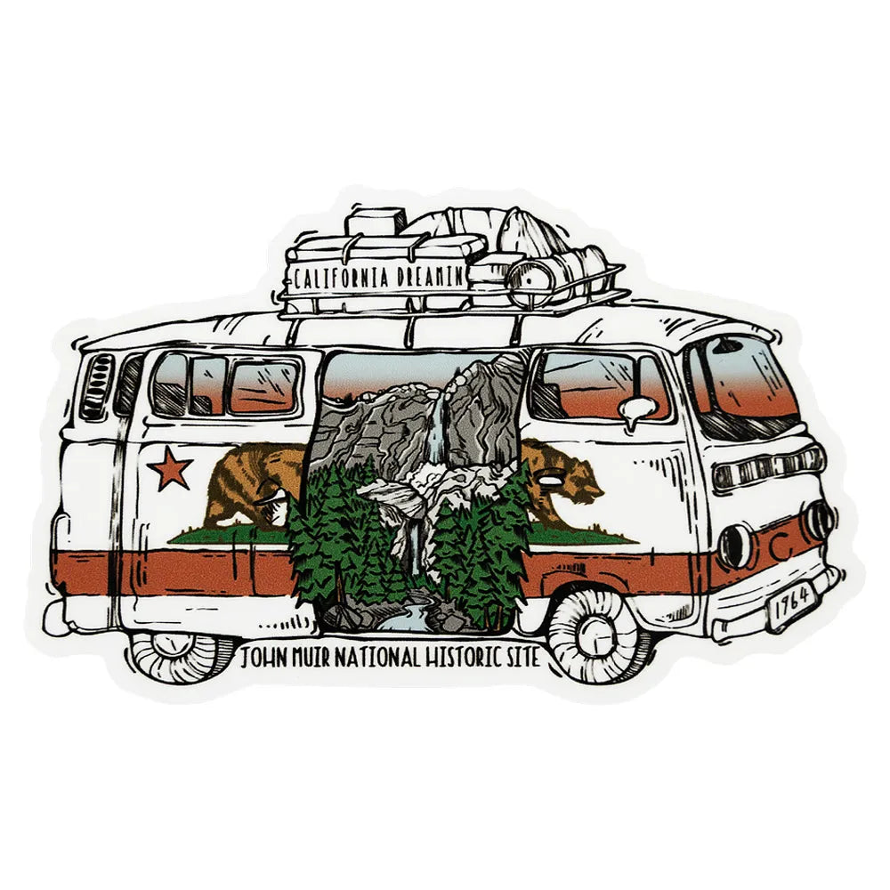 Illustration of a vintage van with the California Flag on the side paneling with an open door showing John Muir National Historic Site and the text &