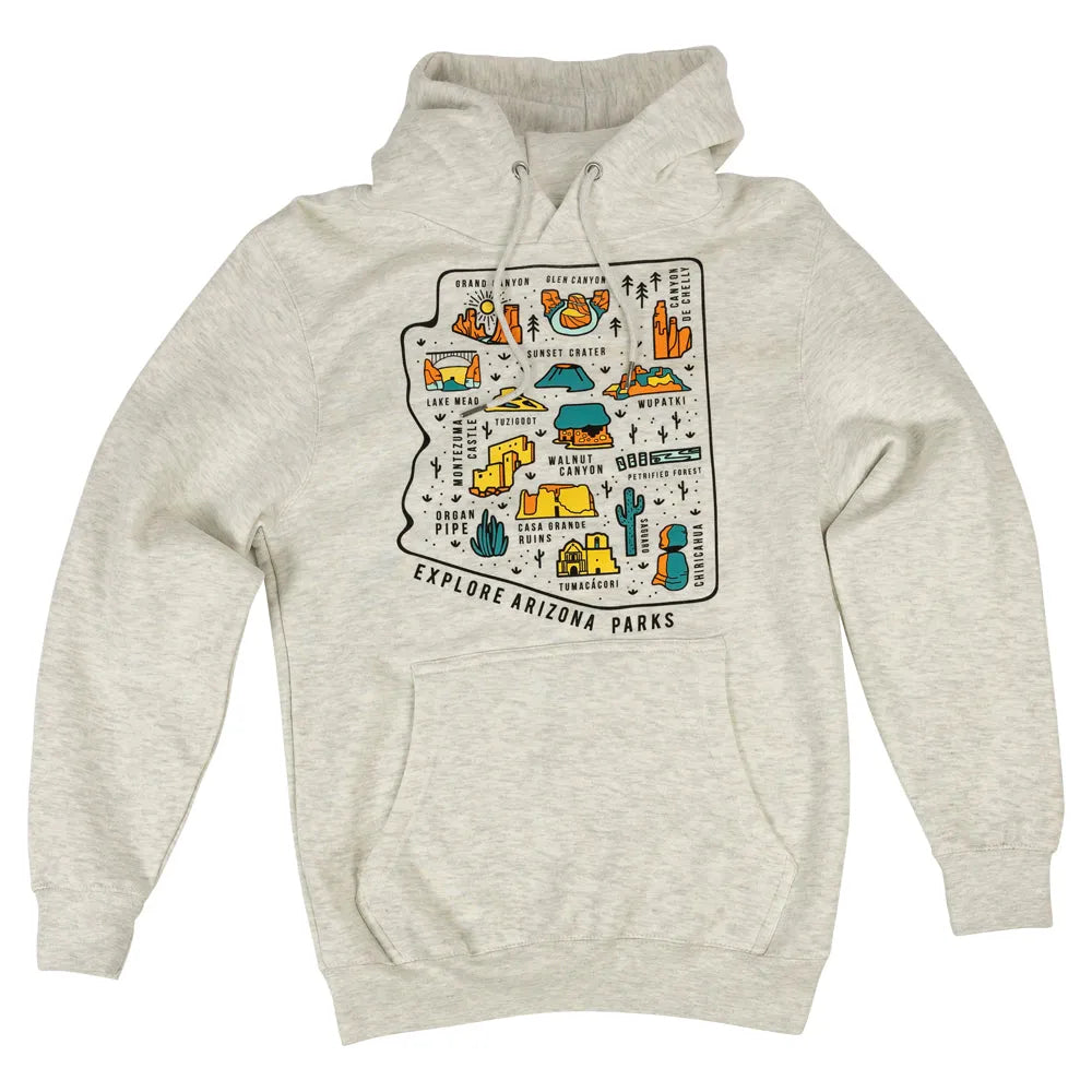 Explore Arizona Parks Fleece Hoodie in oatmeal color with Arizona park graphic