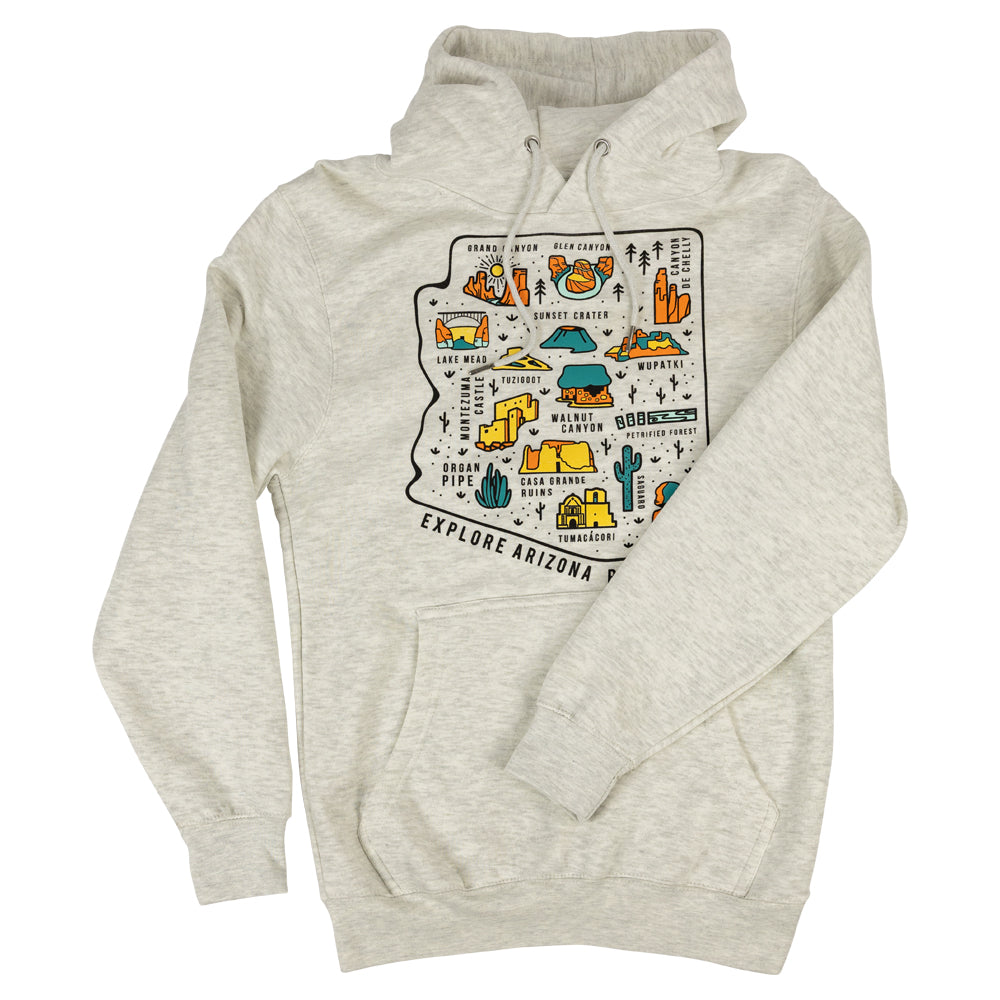 Oatmeal colored hoodie with arm folded over Arizona park graphic
