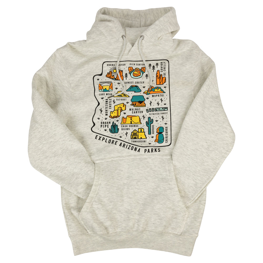 Oatmeal colored hoodie with arm tucked in front pocket