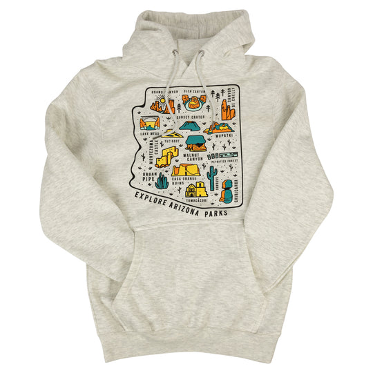 Oatmeal colored hoodie with arm tucked in front pocket