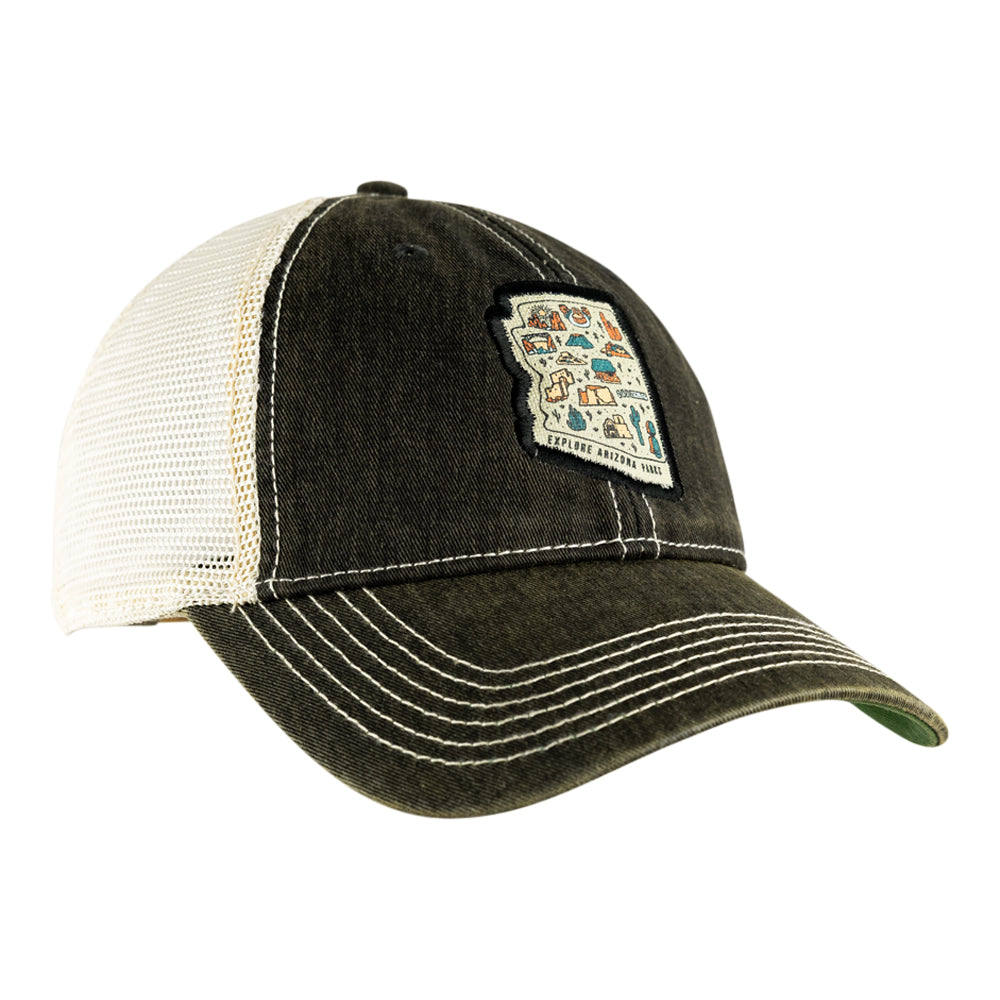 Explore Arizona Parks Mesh-Back Cap in black and cream on a white background