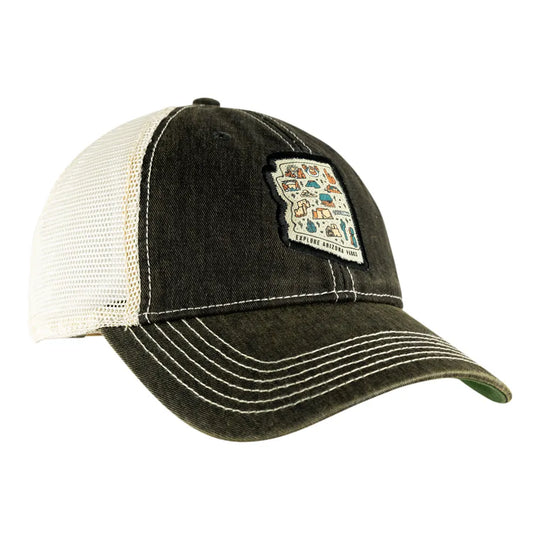 Explore Arizona Parks Mesh-Back Cap in black and cream on a white background