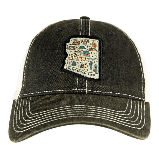 Black cap with a colorful Explore Arizona Parks patch on a white background