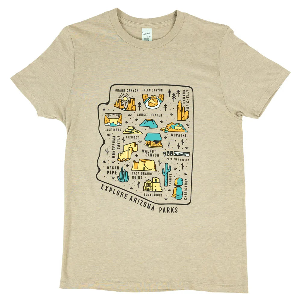 Beige t-shirt with Arizona parks graphic design on a white background