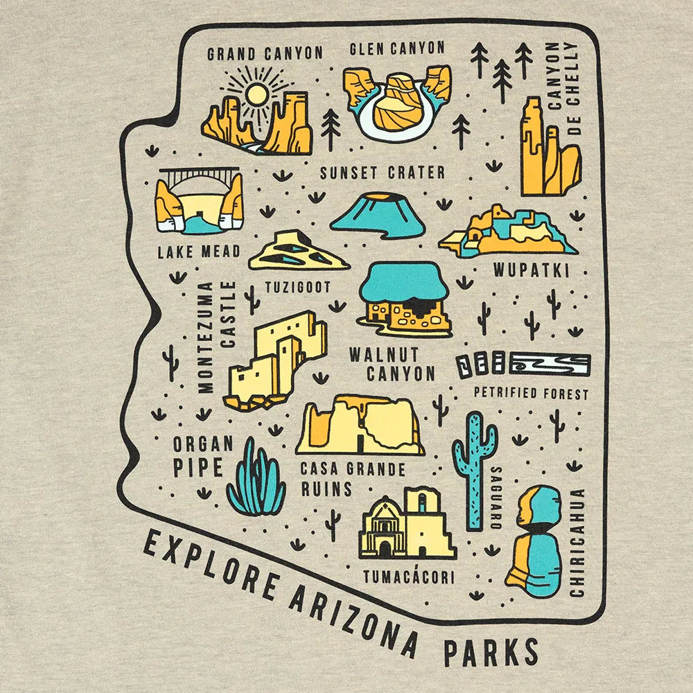Map of Arizona with icons representing various parks and landmarks on a beige background.
