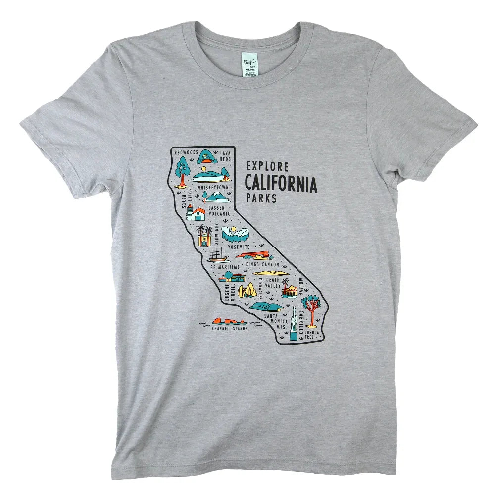 Gray t-shirt with a map of California and 'Explore California Parks' text on a white background