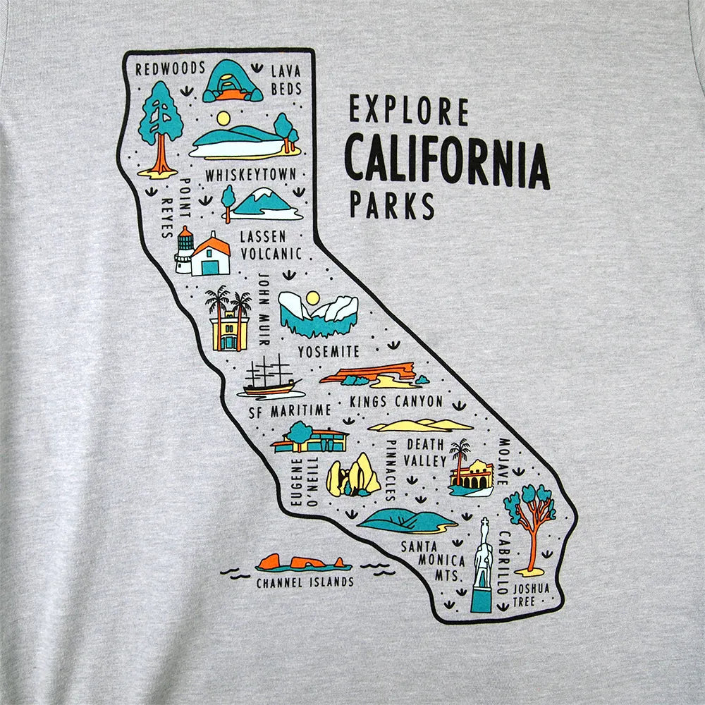 Gray t-shirt with a colorful map of California featuring famous parks on a plain background.