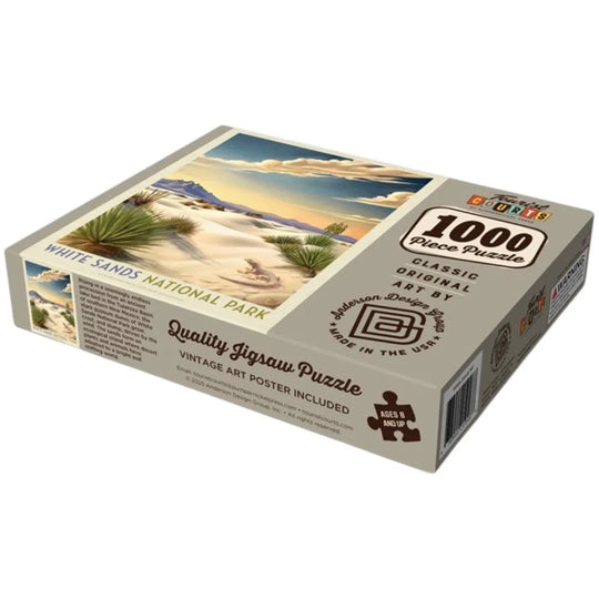 A 1000-piece jigsaw puzzle box for White Sands National Park, featuring a vintage-style desert landscape illustration on the packaging.