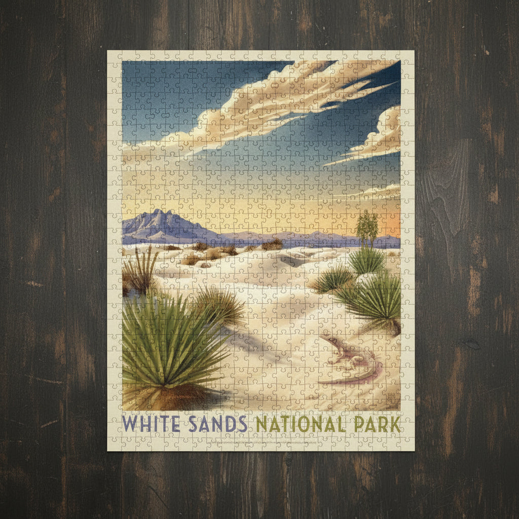 A completed 1000-piece jigsaw puzzle box by Tourist Courts featuring an illustration of White Sands National Park with sand dunes, yucca plants, mountains, and a blue sky with clouds.
