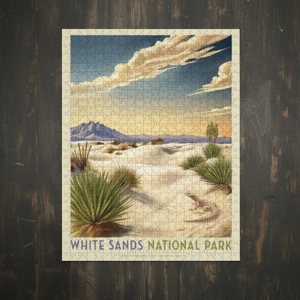 A completed 1000-piece jigsaw puzzle box by Tourist Courts featuring an illustration of White Sands National Park with sand dunes, yucca plants, mountains, and a blue sky with clouds.