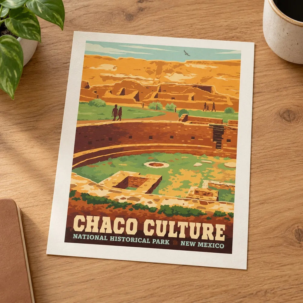 A vintage-style travel poster for Chaco Culture National Historical Park in New Mexico, displayed on a wooden desk next to a plant and a coffee mug.