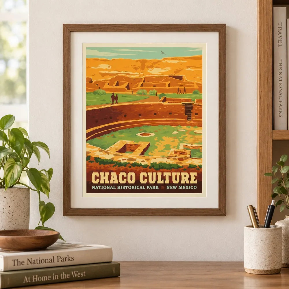 A framed vintage-style travel poster of Chaco Culture National Historical Park in New Mexico, displayed on a shelf in a styled room setting with books, a plant, and a pencil cup.