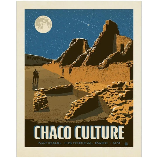 A vintage-style travel poster for Chaco Culture National Historical Park in New Mexico, featuring an illustration of ancient stone structures under a dark blue night sky with a full moon and shooting star. The text &