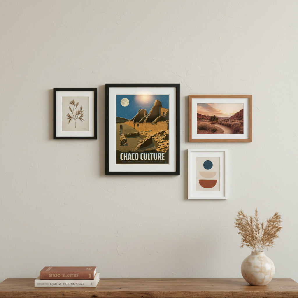 Chaco Culture National Historical Park framed print on wall with three other pieces and a wooden console beneath.