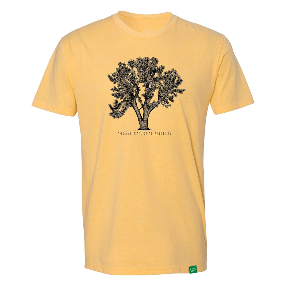 Yellow t-shirt with a Joshua Tree graphic and 'Mojave National Preserve' text on a white background
