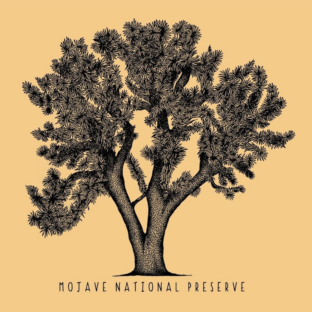 Black and white illustration of a tree with 'Mojave National Preserve' text on a yellow background