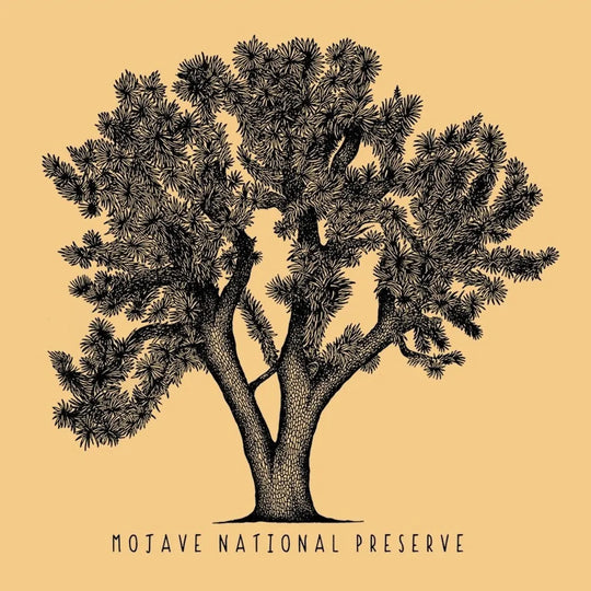 Black and white illustration of a tree with 'Mojave National Preserve' text on a yellow background
