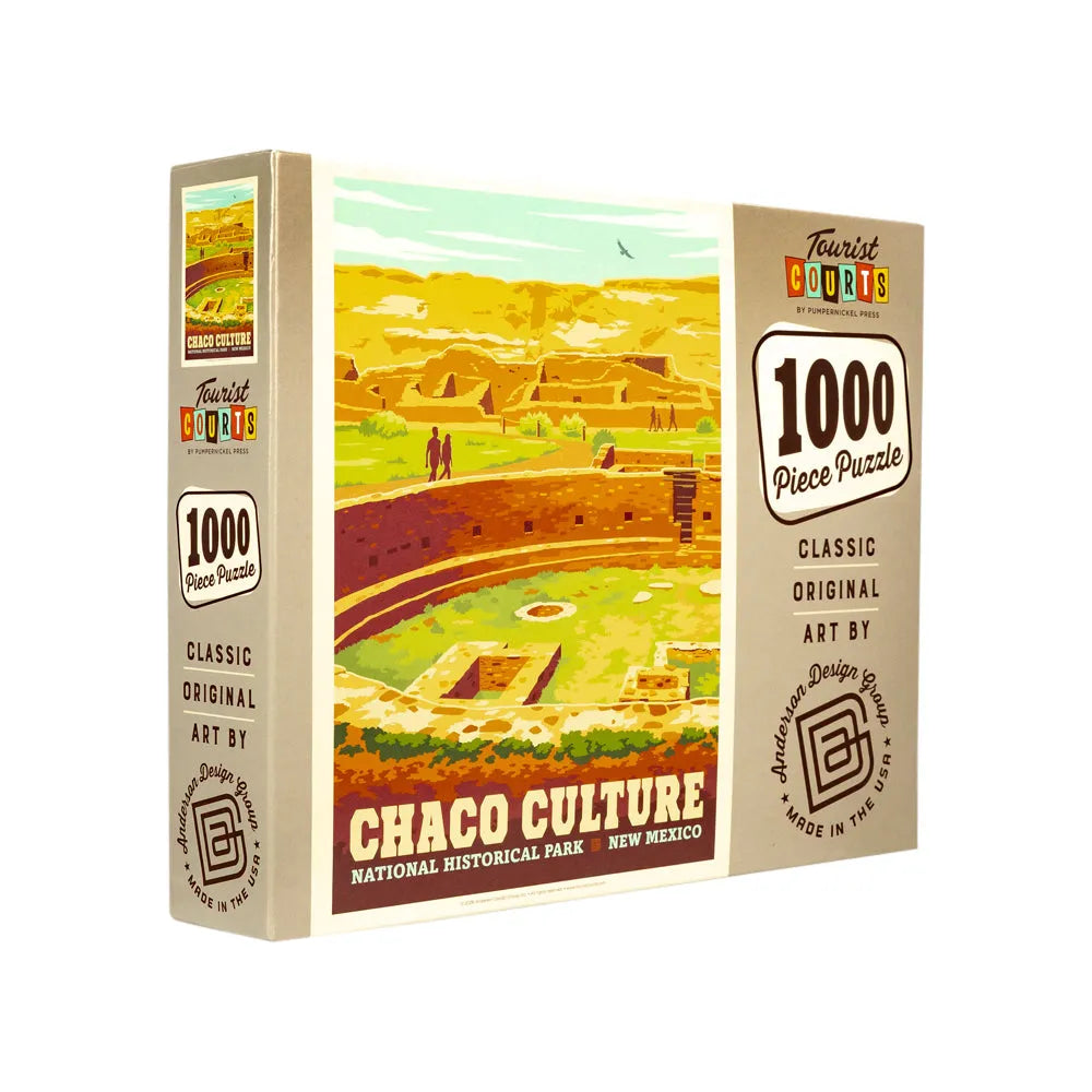 A 1000-piece jigsaw puzzle box titled 'Chaco Culture National Historical Park, New Mexico' by Tourist Portraits. The box features a vintage-style illustration of the structures found at Chaco in warm yellow, green, and brown tones, with beige side panels displaying product details.