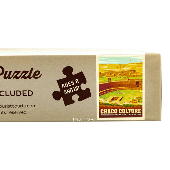 A jigsaw puzzle box on a white background, featuring a scene from Chaco Culture National Historical Park on the right side and text indicating &