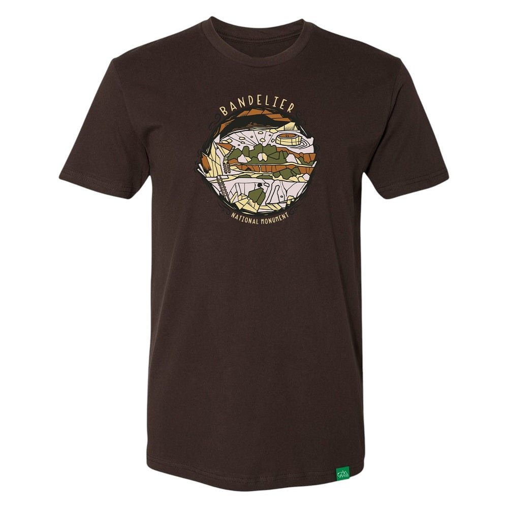 Brown t-shirt with a graphic design and text 'Bandelier National Monument' on a white background
