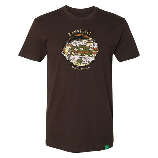 Brown t-shirt with a graphic design and text 'Bandelier National Monument' on a white background
