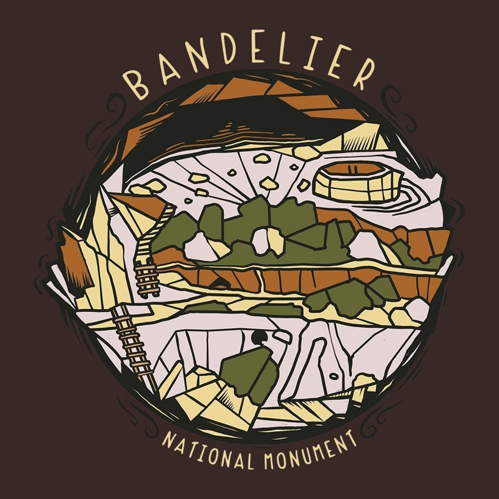 Illustration of Bandelier National Monument with a brown background