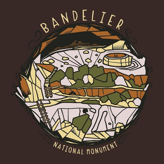 Illustration of Bandelier National Monument with a brown background