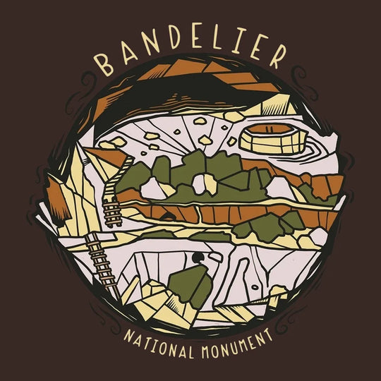 Illustration of Bandelier National Monument with a brown background