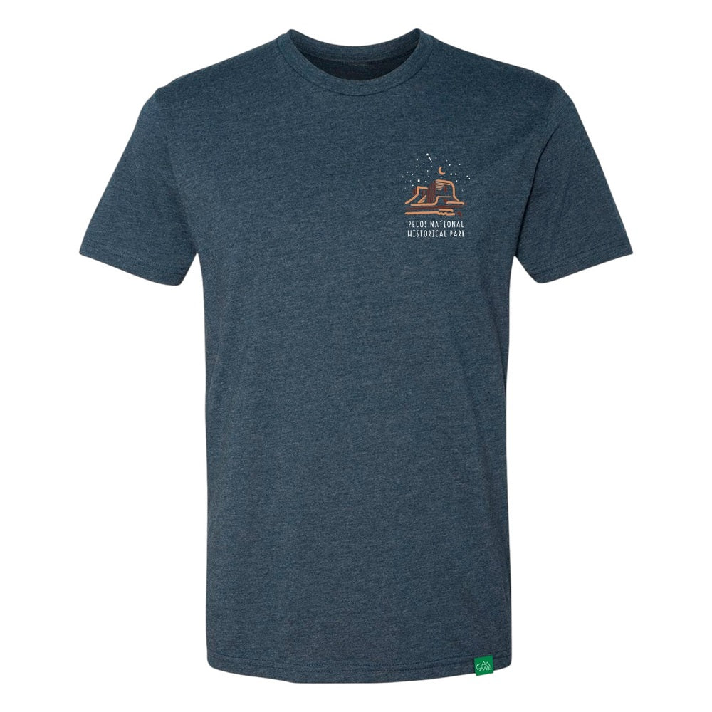 Blue t-shirt with a desert graphic on the chest against a white background and text 'Pecos National Historical Park'