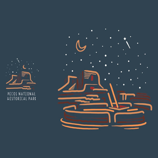Illustration of Pecos National Historical Park with moon and stars on a dark blue background