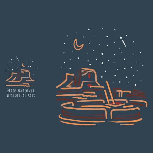 Illustration of Pecos National Historical Park with moon and stars on a dark blue background