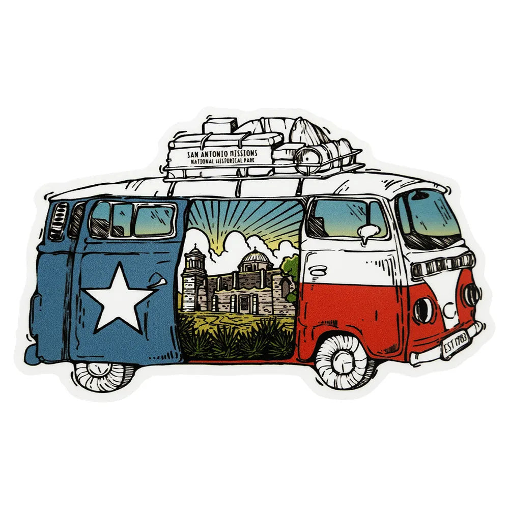 Illustration of a van with Texas flag design and scenic view of San Antonio Missions National Historical Park, on a white background