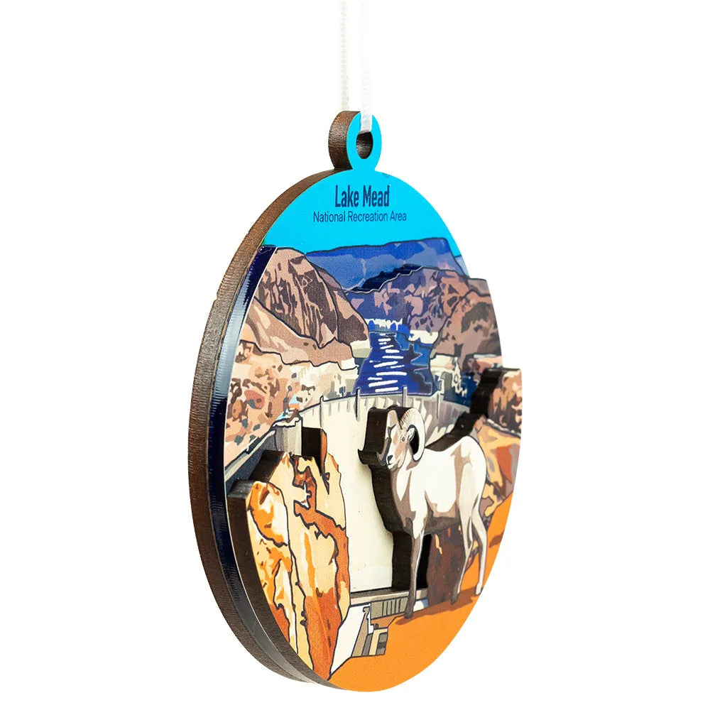 Decorative ornament with a scenic design of a dam and mountains, featuring 'Lake Mead National Recreation Area'.