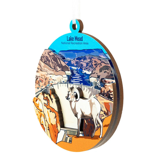 Decorative ornament with Lake Mead National Recreation Area design featuring a dam and mountain landscape.
