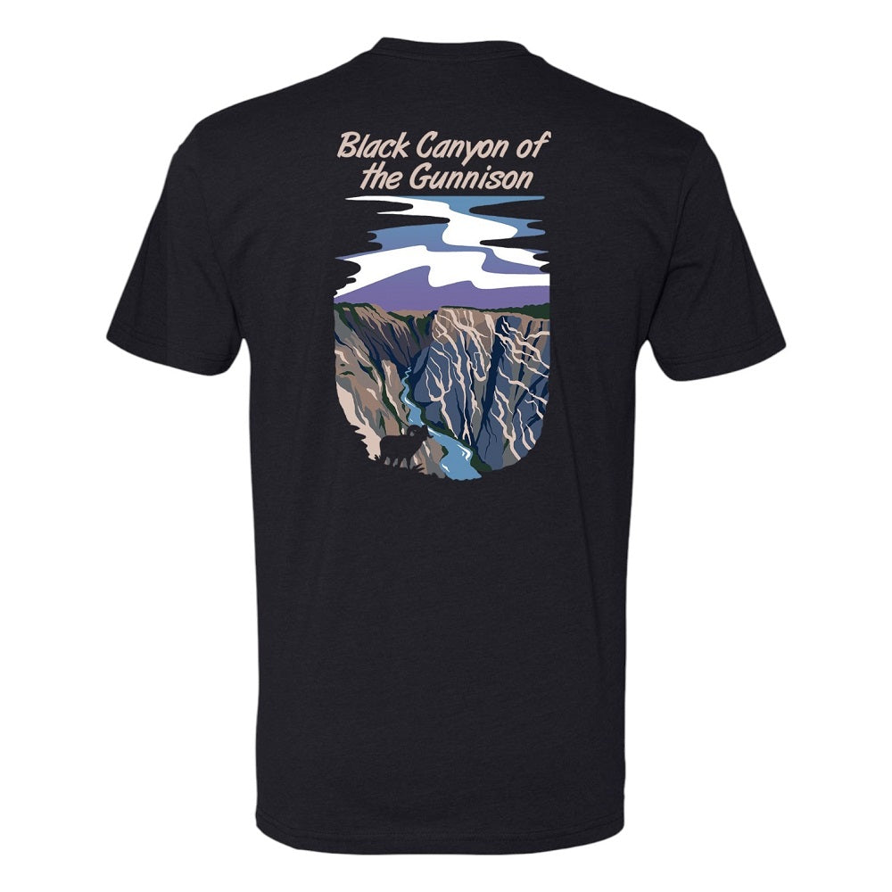 Black t-shirt with a graphic of the Black Canyon of the Gunnison on the back