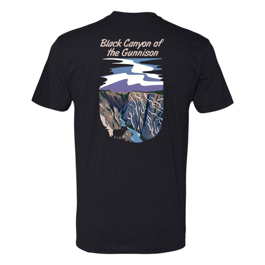 Black t-shirt with a graphic of the Black Canyon of the Gunnison on the back
